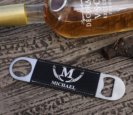 Custom Black Leather Metal Bottle Opener - Premium Bottle Openers from Hipster Lasers - Just $20! Shop now at Hipster Lasers